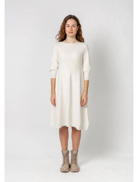 Off-White Textured Dress With Flared Skirt