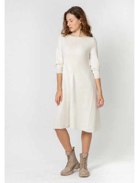 Off-White Textured Dress With Flared Skirt