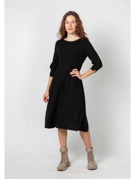 Black Textured Dress With Flared Skirt