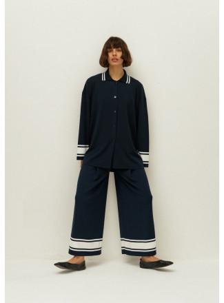 Lightweight Wide Navy And White Pleated Trousers