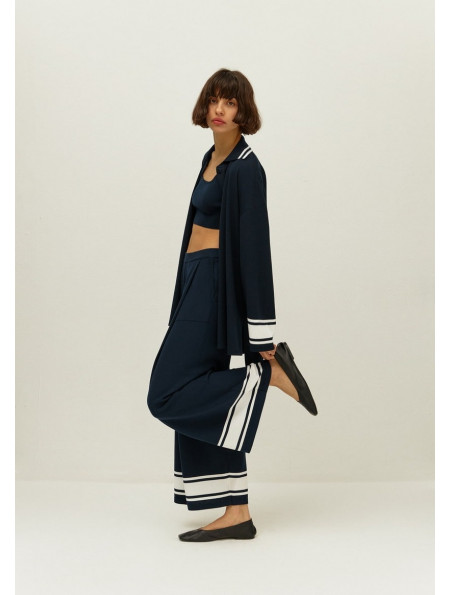 Lightweight Wide Navy And White Pleated Trousers