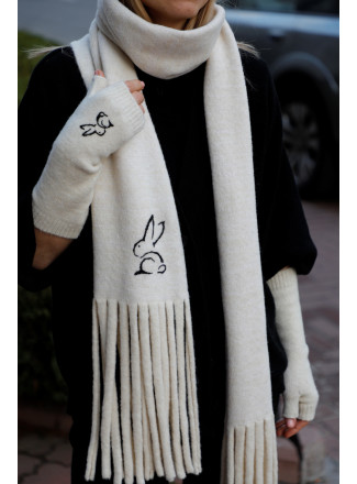 Off-white scarf with handmade embroidery "Rabbit" 