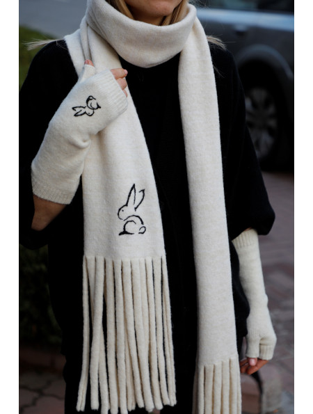 Off-white scarf with handmade embroidery "Rabbit" 